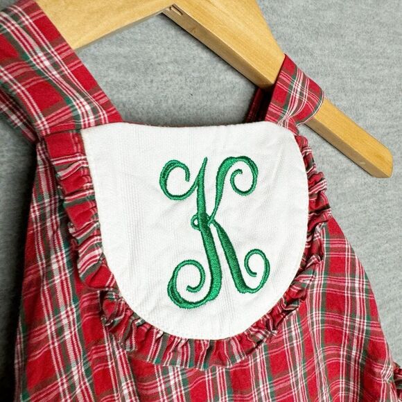 Ricrac & Ruffles Bubble Romper Monogrammed “K” Christmas 6/9‎ M Girls Red Green - Picture 2 of 6